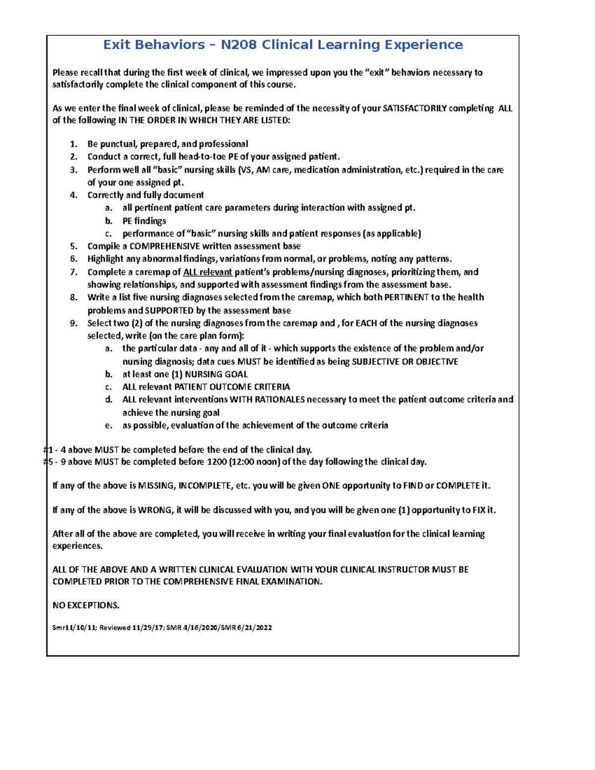 N208 Clinical Exit Behaviors Checklist for Final Evaluations - Studocu