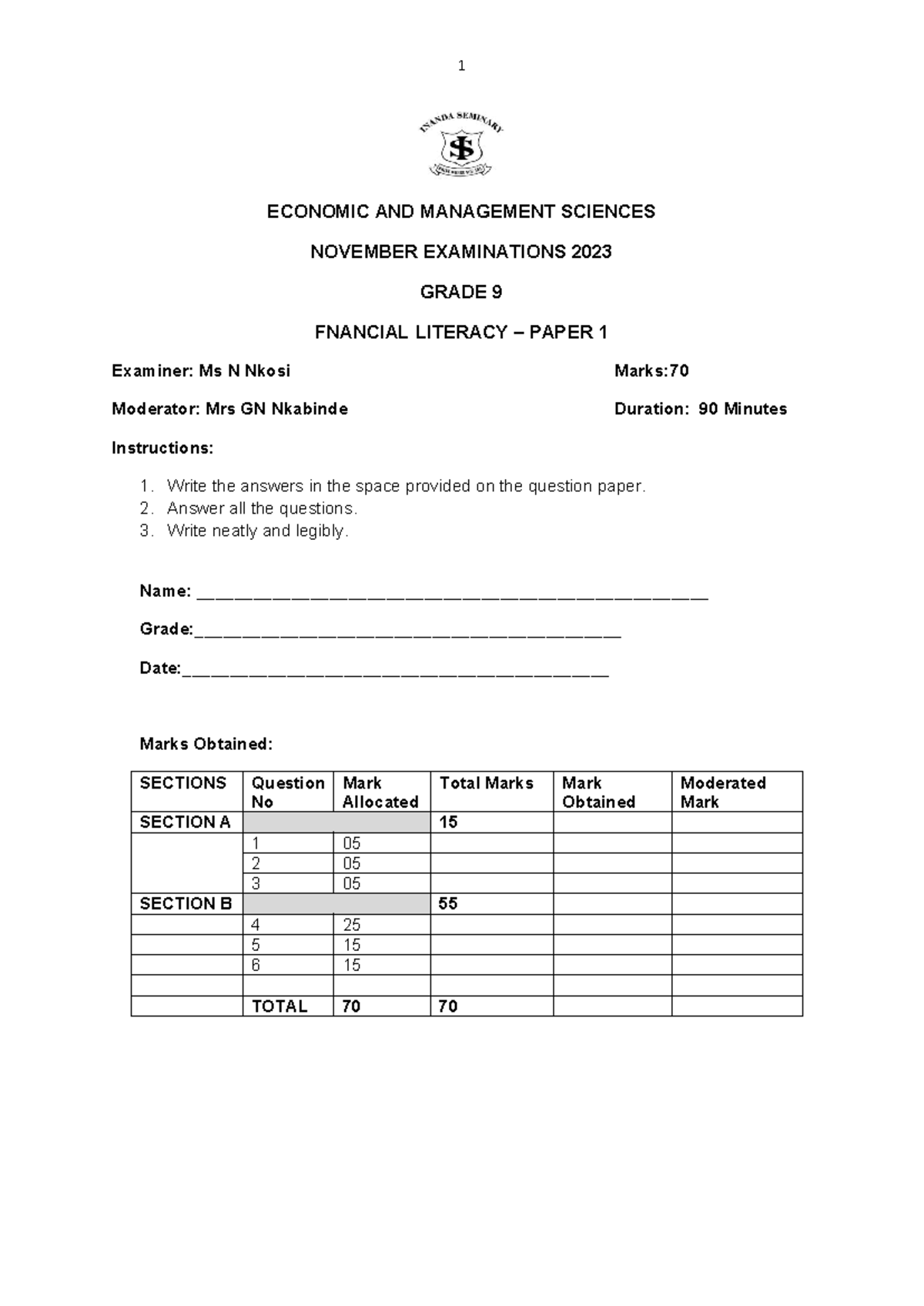 Grade 9 Economic & Management Sciences NOV 2023 Paper 2 Exam - Studocu
