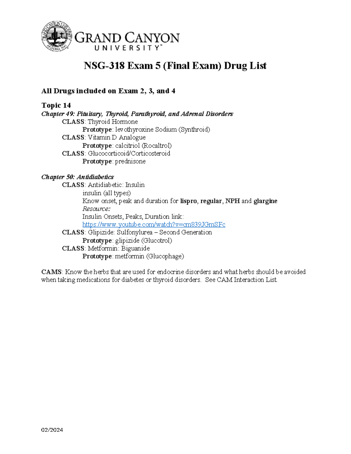 NSG 318 Final Exam Drug List: Endocrine Disorders & Antidiabetics - Studocu