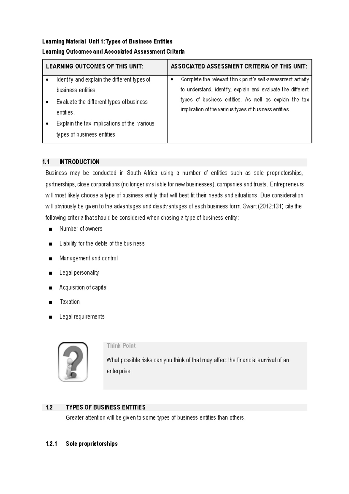 Learning unit 1 Types of Business Entities - Learning Material Unit 1 ...