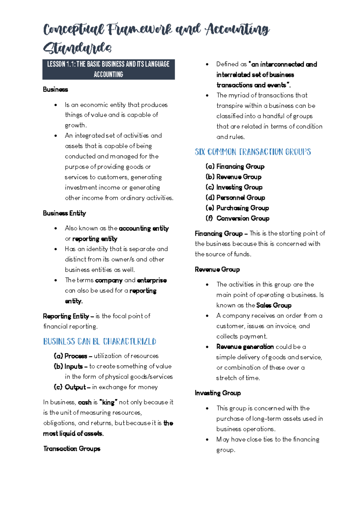 CFAS - Lesson 1 - Conceptual Framework and Accounting Notes - Studocu