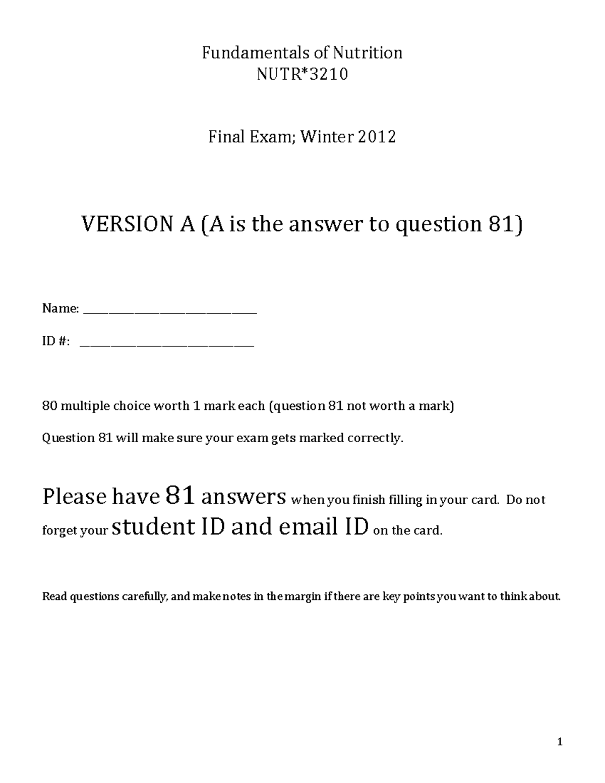 FINAL EXAM 1 May 2012, questions - Fundamentals of Nutrition NUTR*3210 ...
