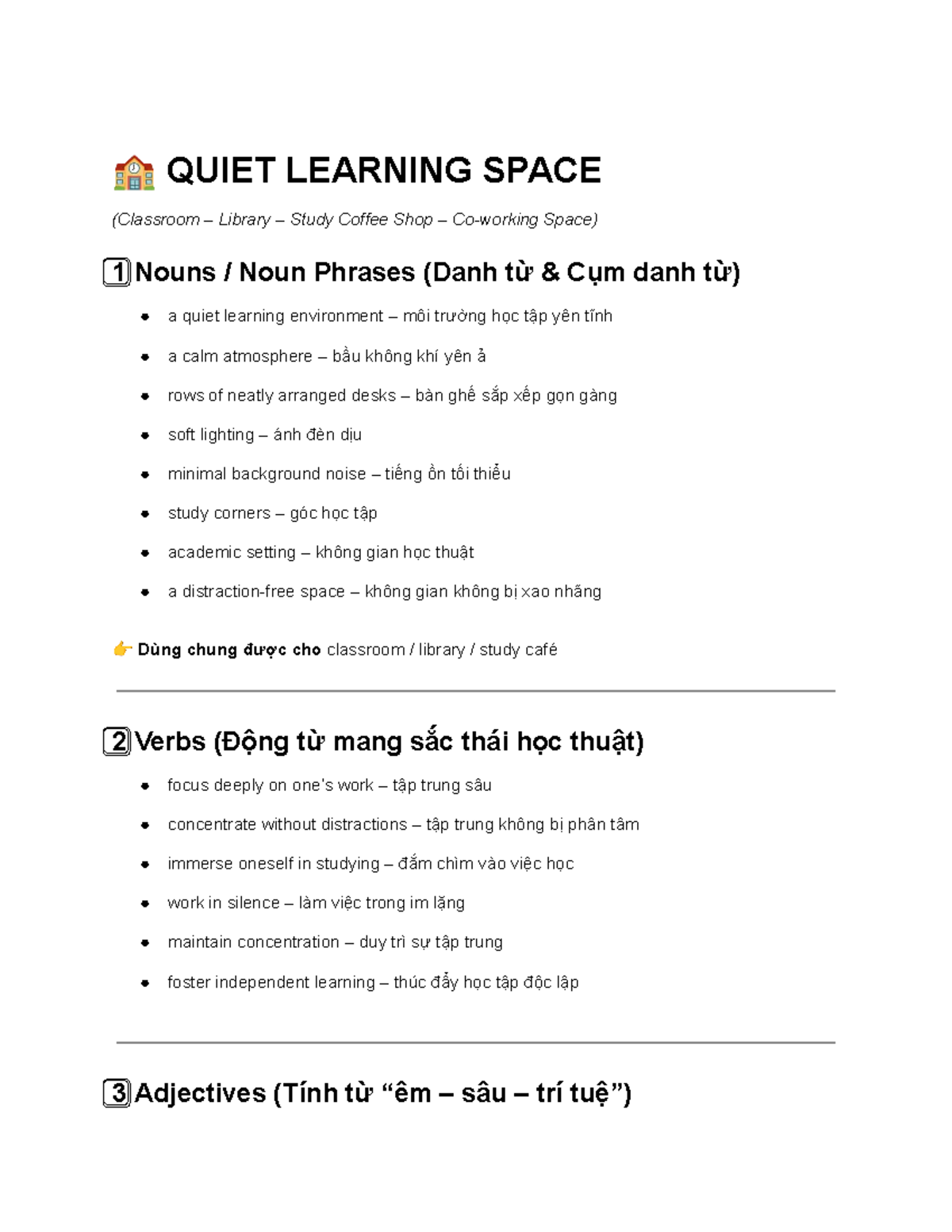 QUIET LEARNING SPACE: Nouns & Verbs for Academic Settings - Studocu