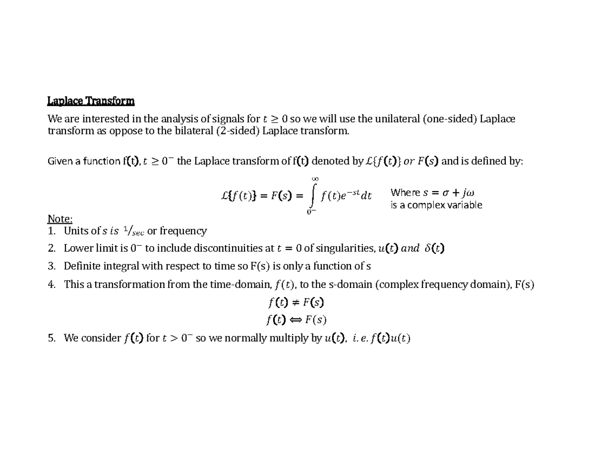 Laplace Transform Concepts and Properties - Lecture Notes - Studocu