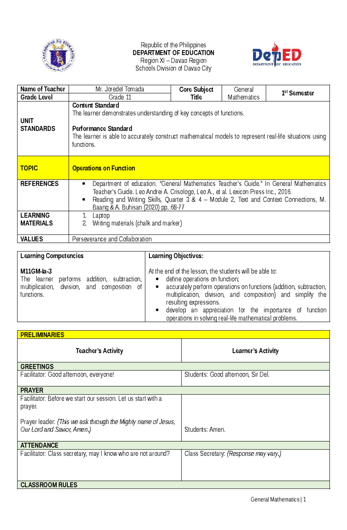 Mathematics Grade 11 Detailed Lesson Plan on Operations on Functions ...