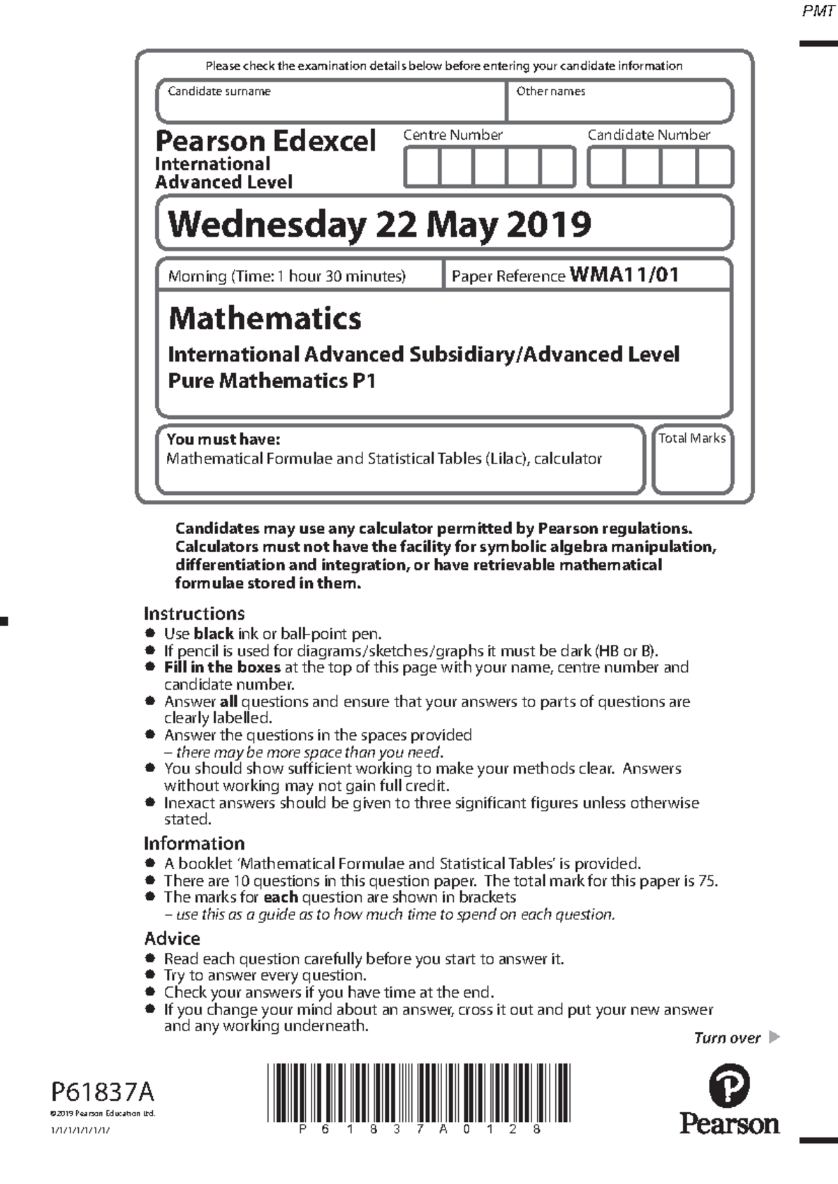 June 2019 QP - Edexcel A Level Pure Maths Past Paper (WMA11) - Studocu
