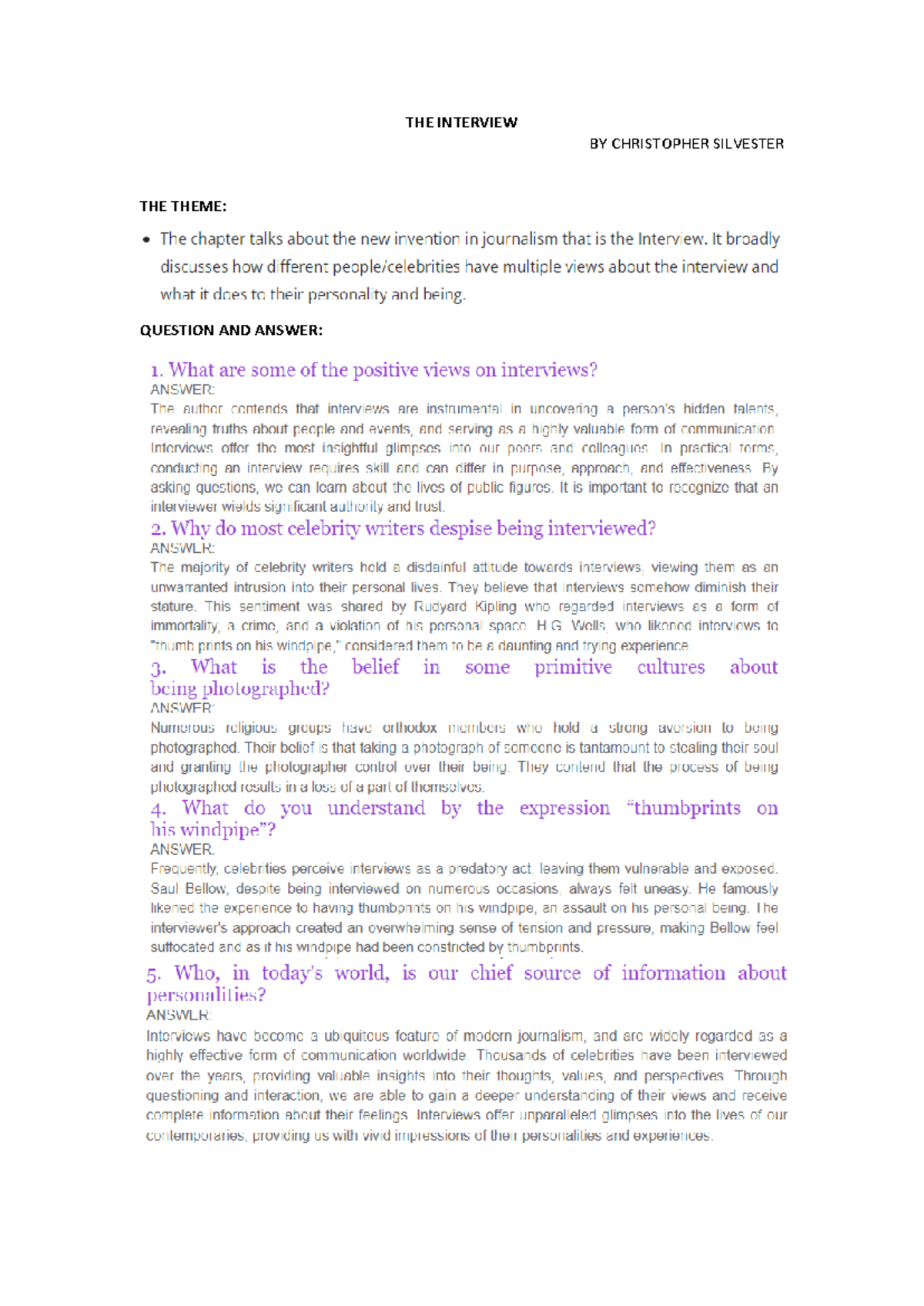 Notes-the interview - really helpful for class 12th - THE INTERVIEW BY ...