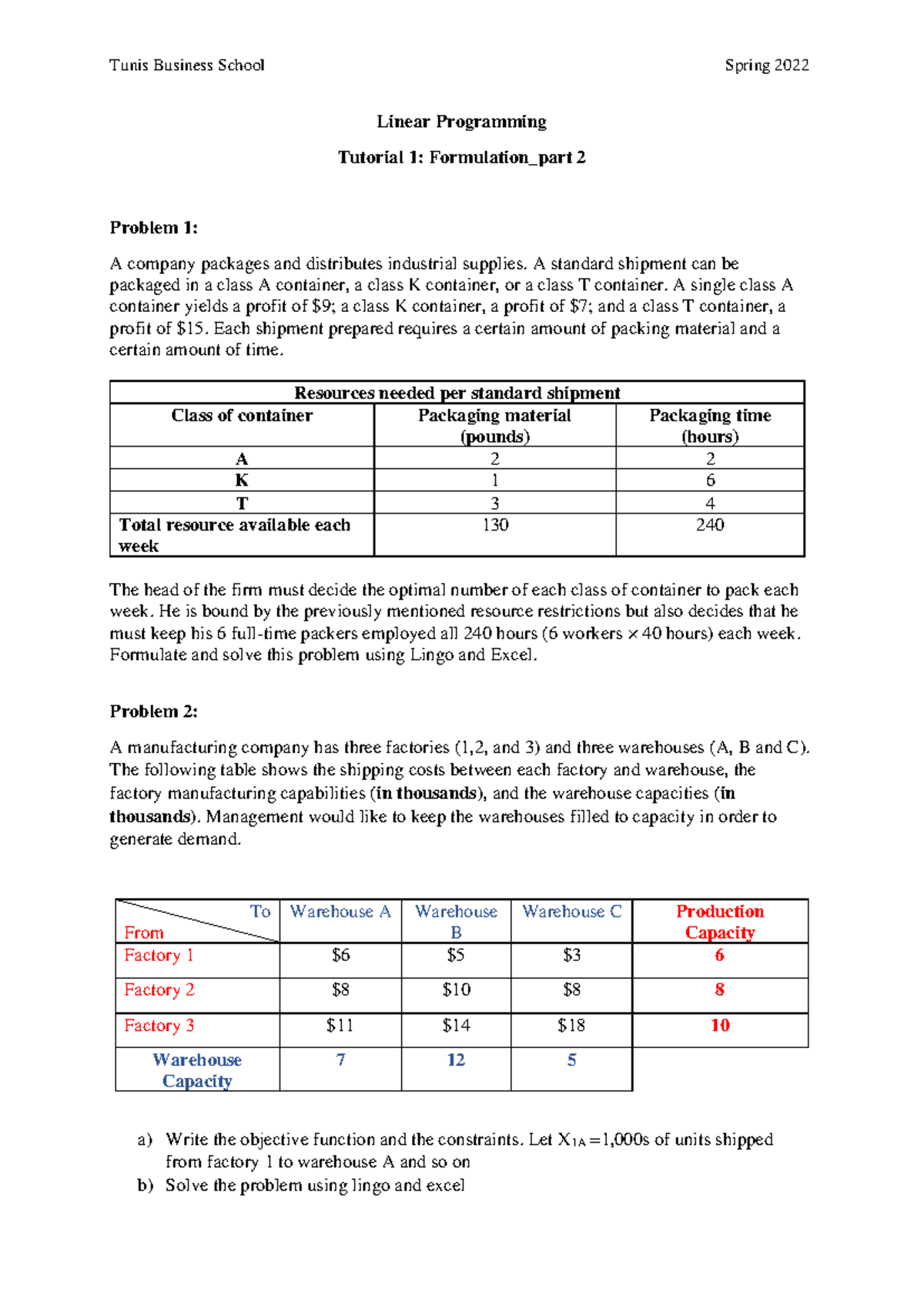 Tutorial 1 - Part 2 formulation - linear programing - Studocu