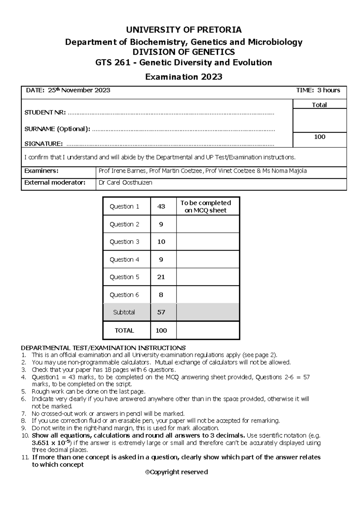 GTS 261 2023 Final Exam - Genetics Diversity & Evolution Paper - Studocu