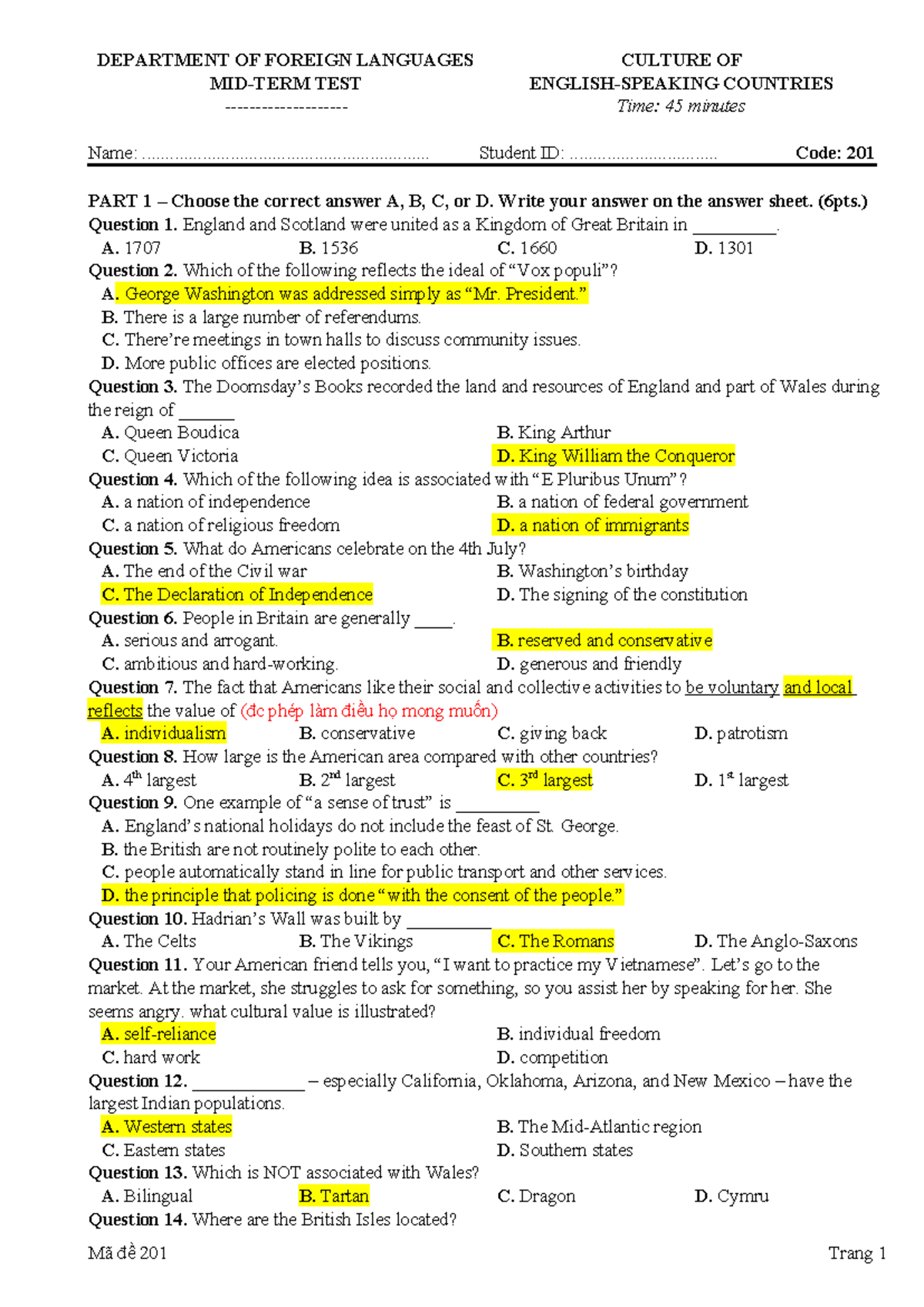 Ma de 201 - ... - DEPARTMENT OF FOREIGN LANGUAGES MID-TERM TEST ...