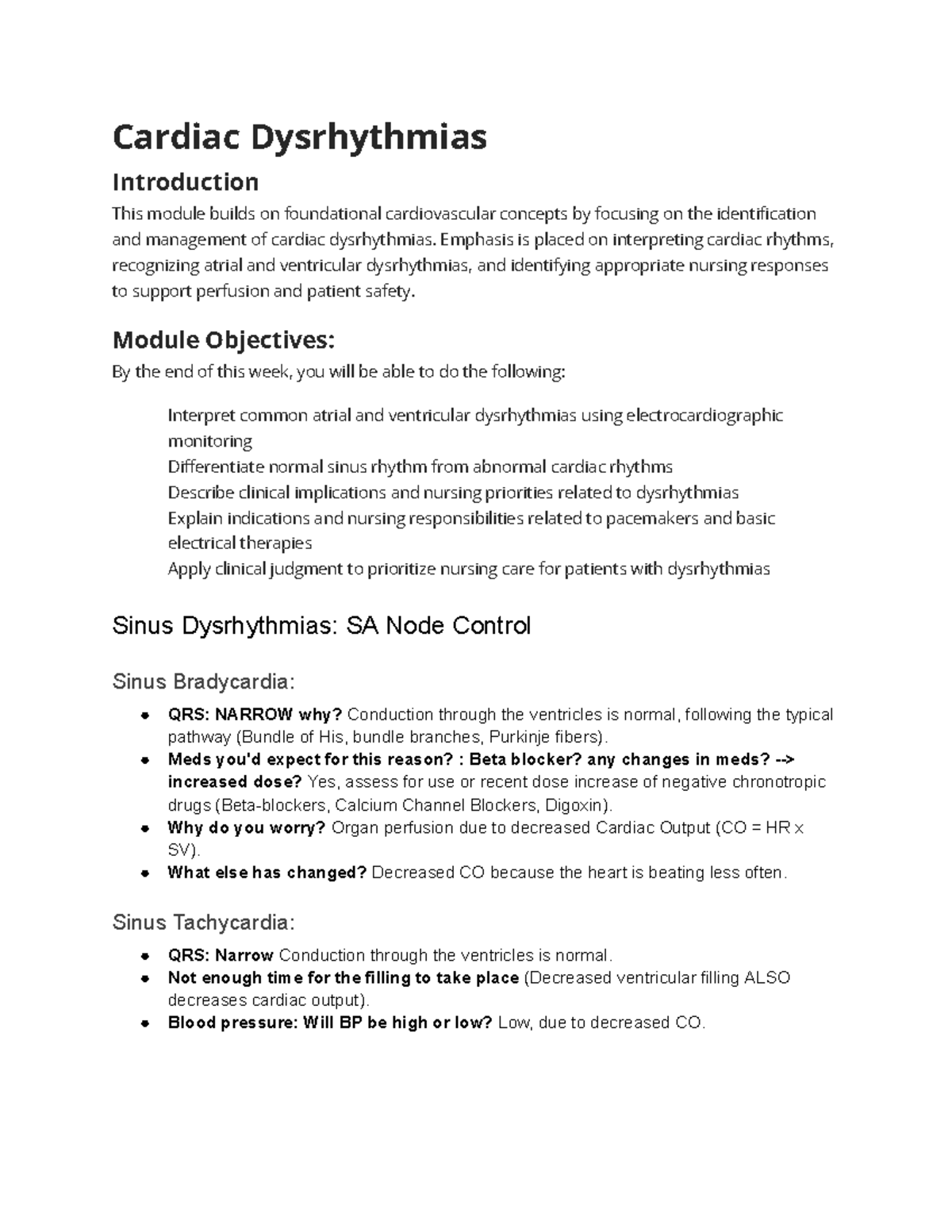 Cardiac Dysrhythmias: Exam 1 Notes for Nursing Students - Studocu