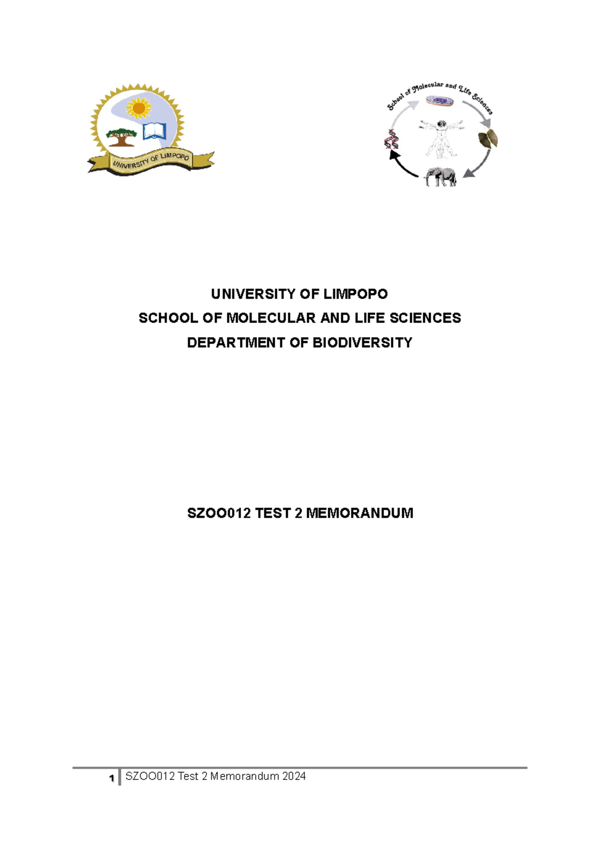 SZOO012 Test 2 Memorandum 2024: Biodiversity Insights and Answers - Studocu
