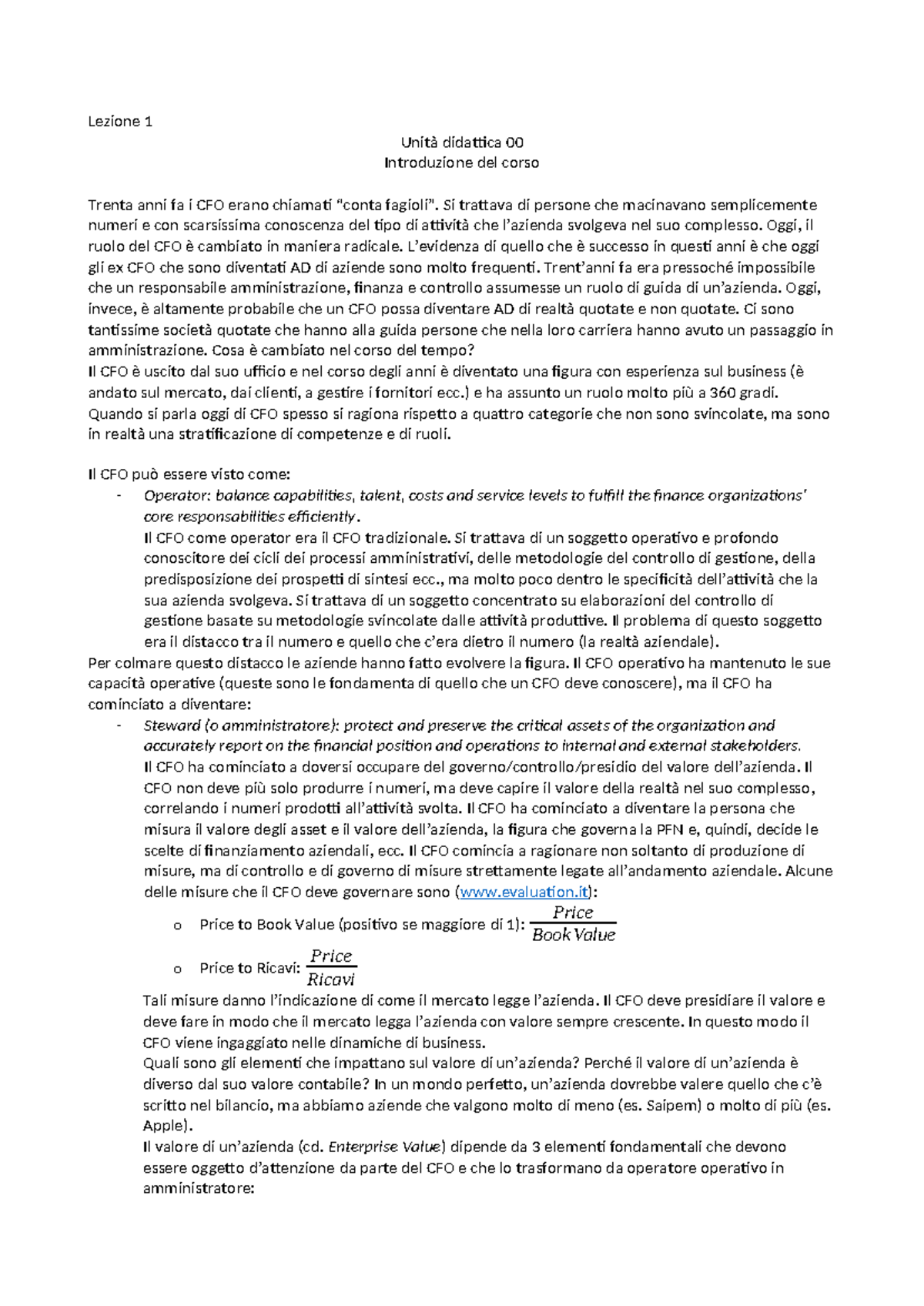Pianificazione e Controllo: Introduzione e Ruolo del CFO - Lezione 1 ...