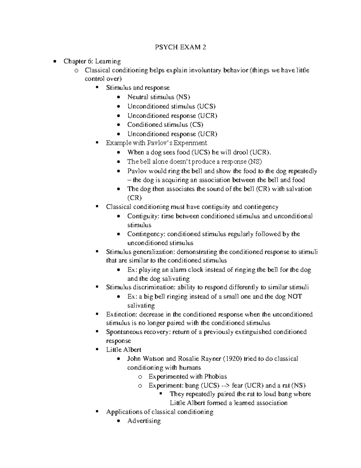 PSYCH 201: Exam 2 Study Notes on Learning and Memory Concepts - Studocu