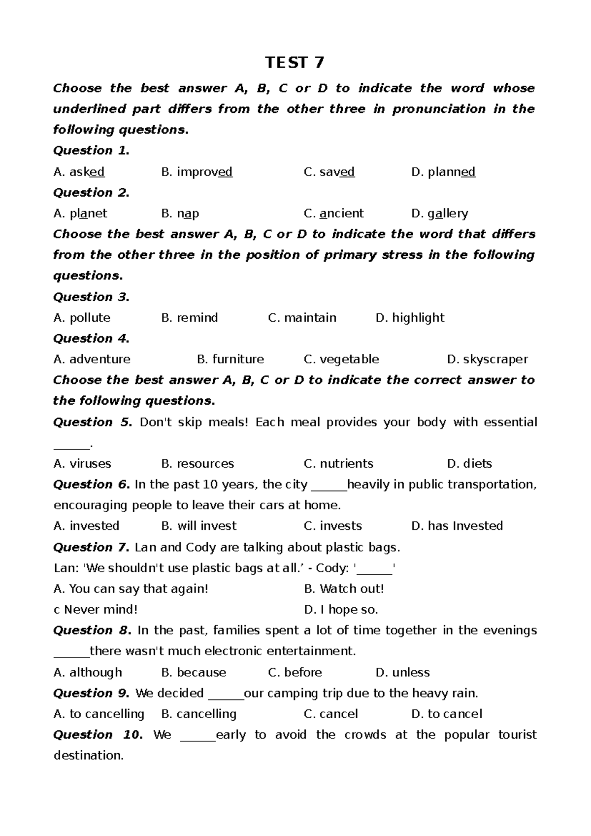 Phần ba - MỘT SỐ ĐỀ LUYỆN TẬP THAM KHẢO - TEST 7 - Studocu
