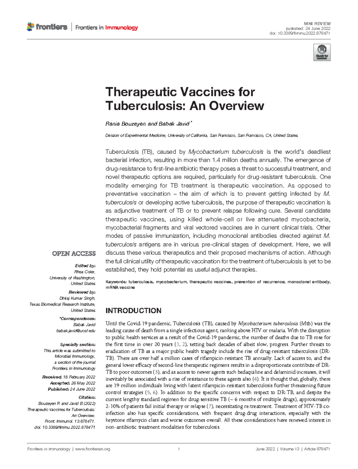 Fimmu-13-878471 - paper on the latest treatment for TB - Therapeutic ...