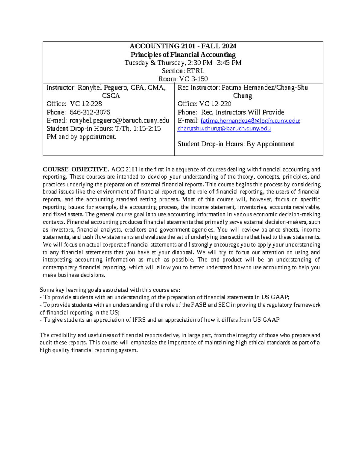 ETRL ACC 2101 Syllabus: Principles of Financial Accounting Fall 2024 ...
