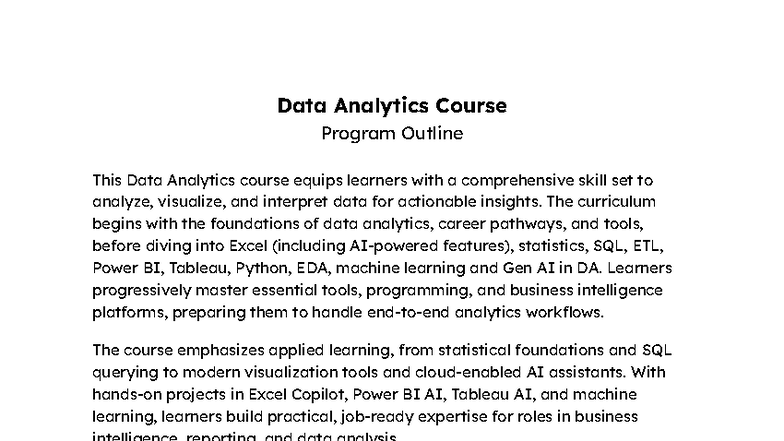 Data Analytics Course Program Outline (DA 101) - Studocu