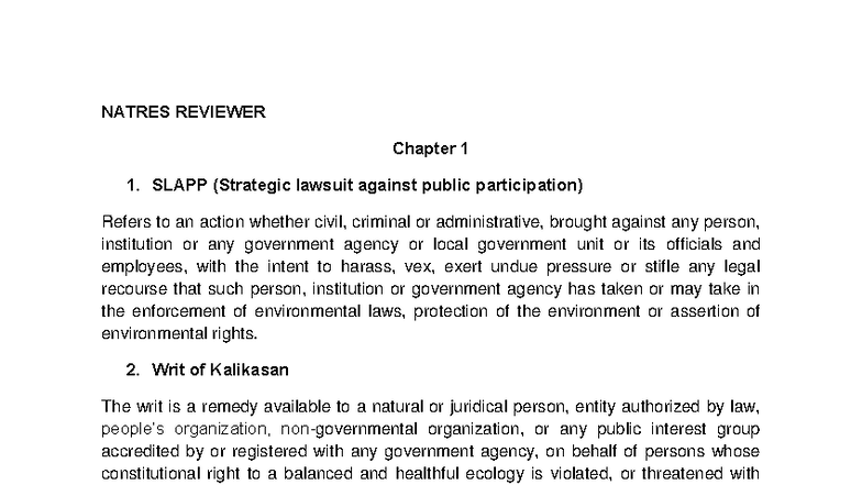 NATRES REVIEWER: Chapter 1 - Environmental Laws and Rights - Studocu