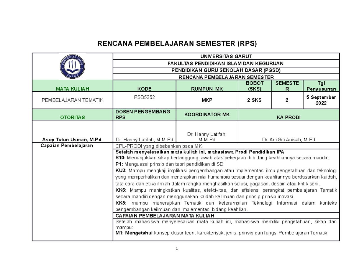 RPS 1 Pembelajaran Tematik - RENCANA PEMBELAJARAN SEMESTER (RPS ...