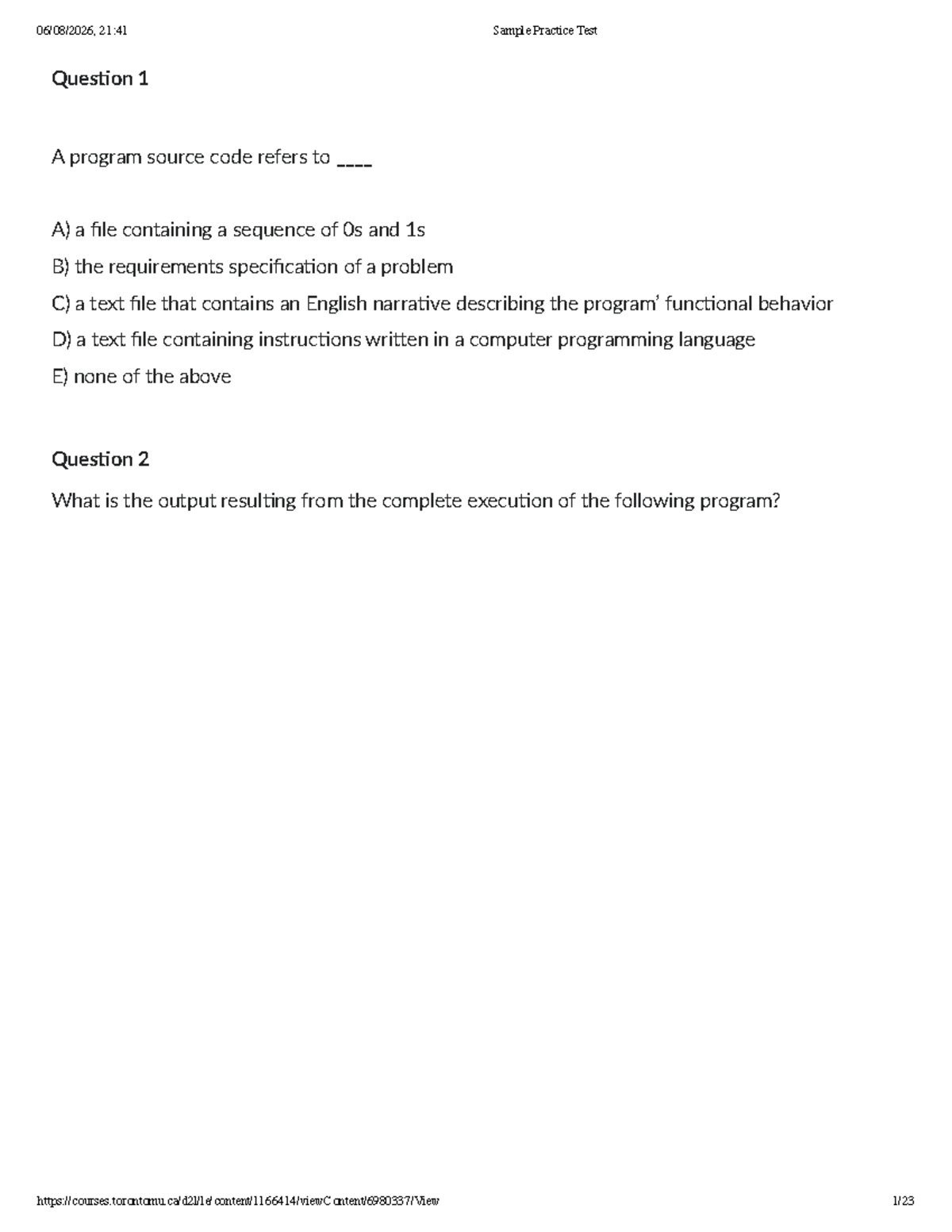 Sample Practice Test - CITM200 DA0 - Fundamentals of Programming - Studocu