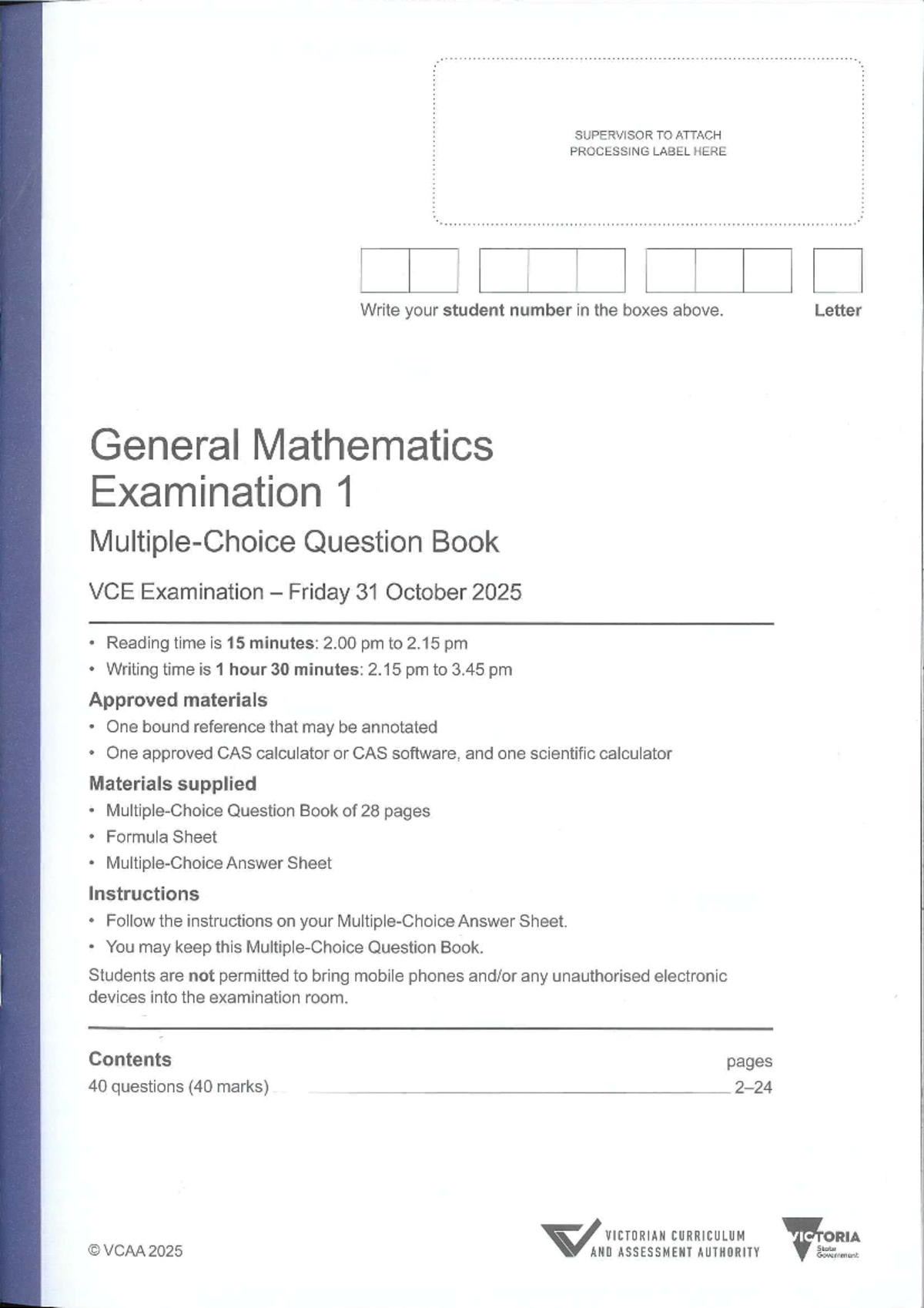 2025 VCE General Mathematics Exam 1 Question Book - Studocu