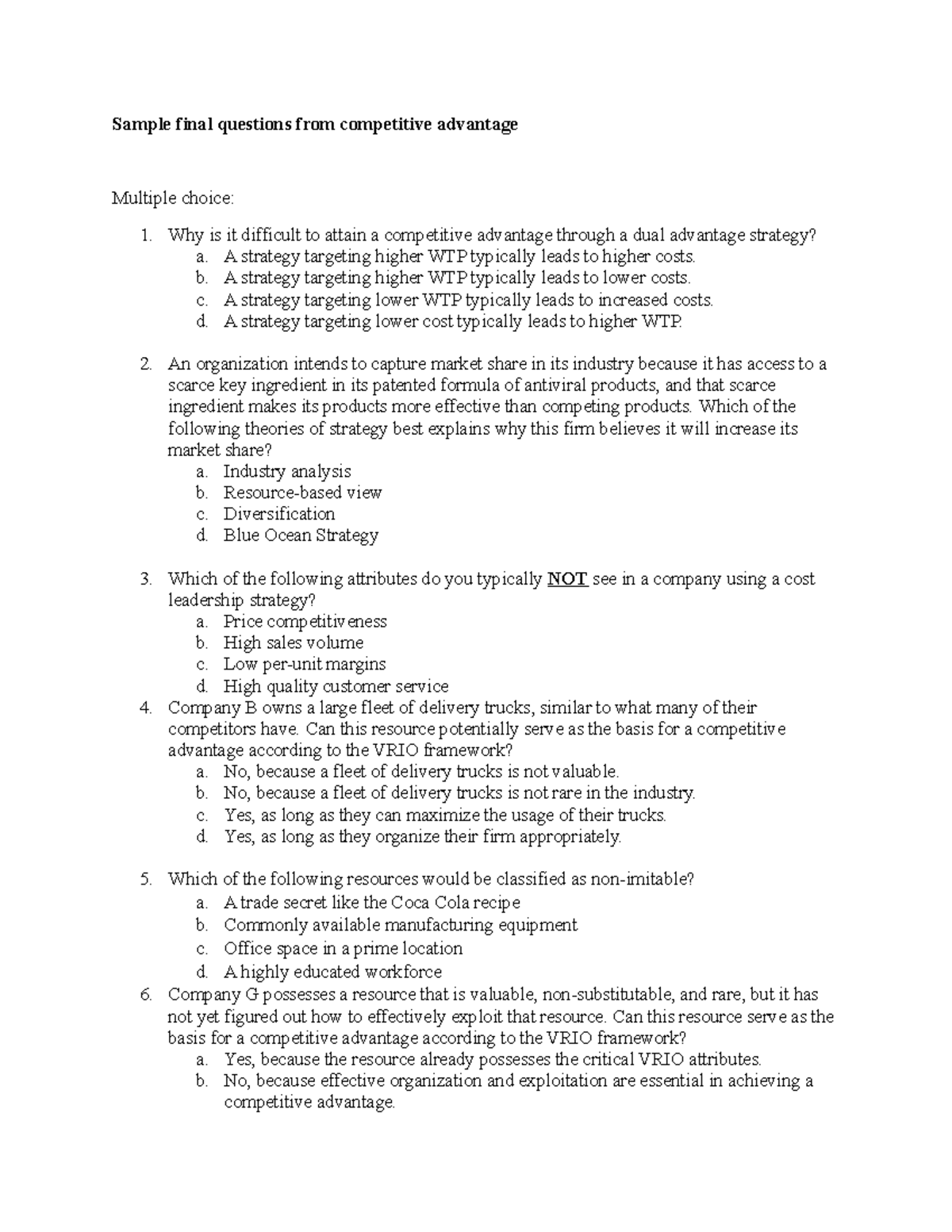 Competitive Advantage Strategies: Sample Final Exam Questions (BUS 101 ...