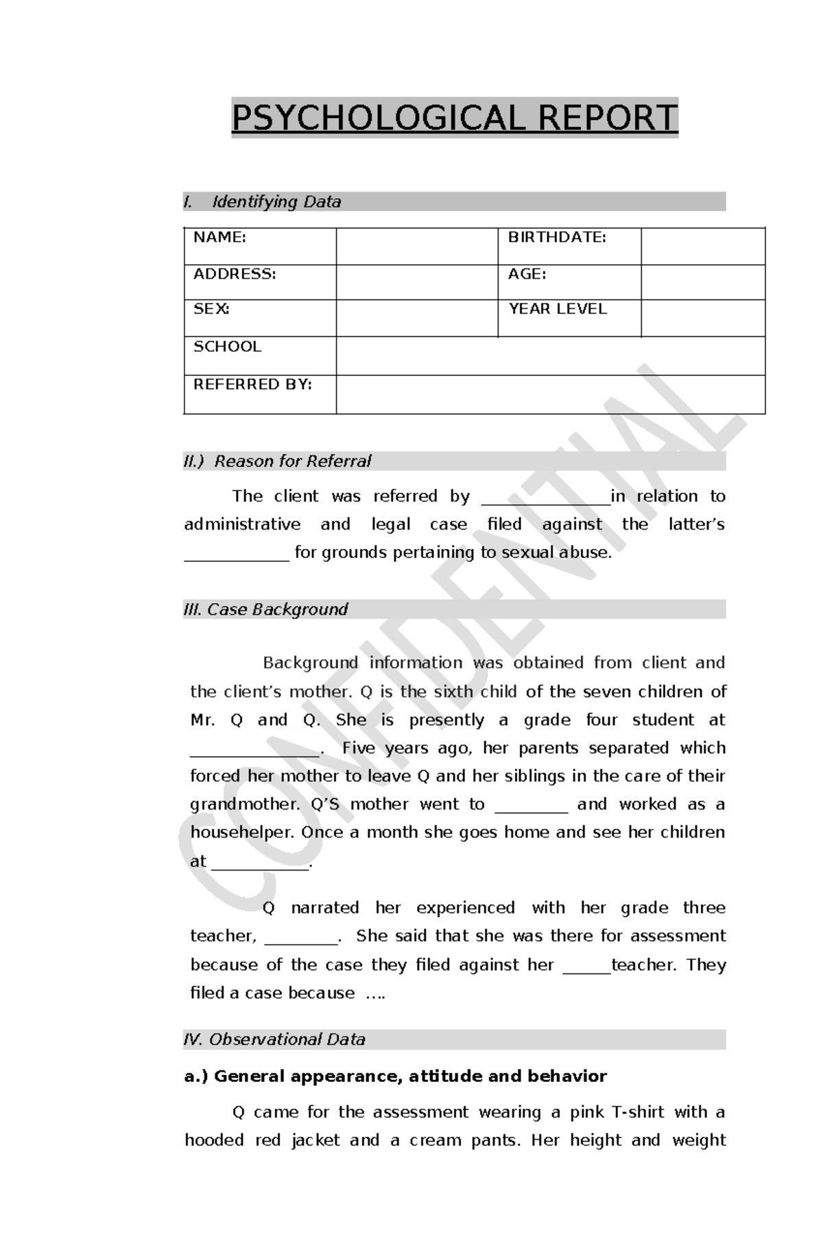 Sample Assessment Report 1 - PSYCHOLOGICAL REPORT I. Identifying Data ...