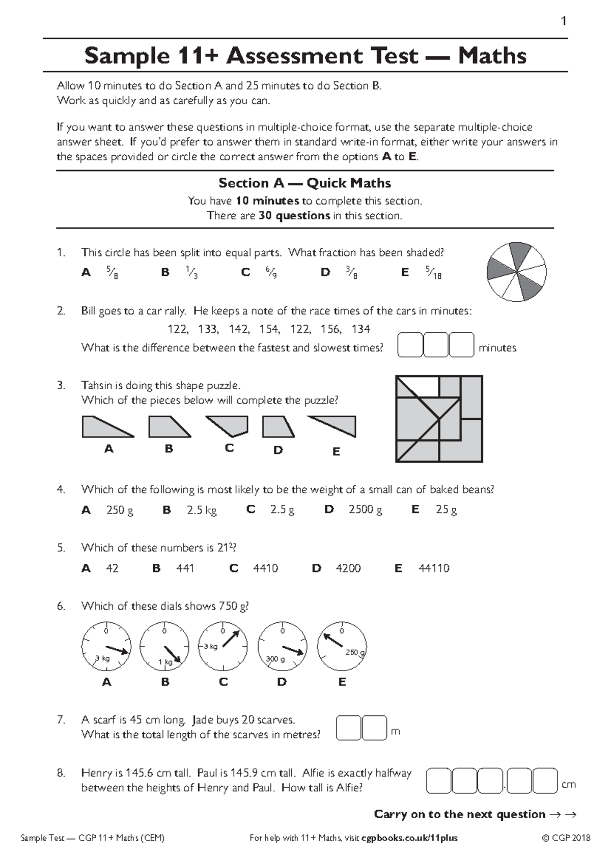 CGP 11+ CEM Maths Free Practice Test - Sample Assessment Questions ...