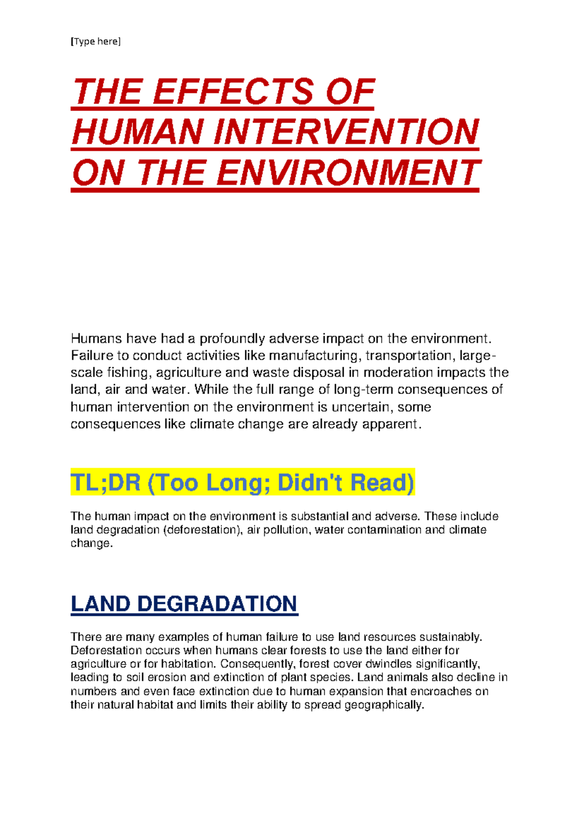 Impacts of Human Intervention on the Environment: A Comprehensive ...