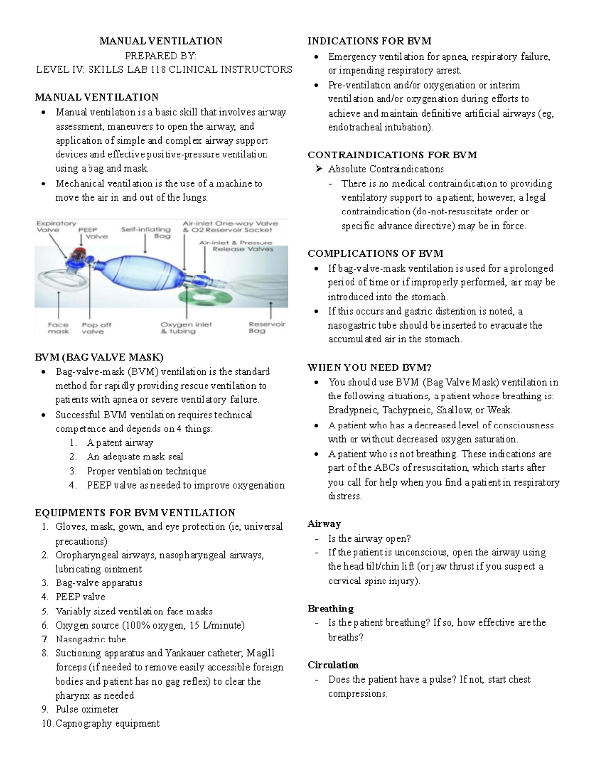 Manual Ventilation Techniques: Level IV Skills Lab 118 Guide - Studocu