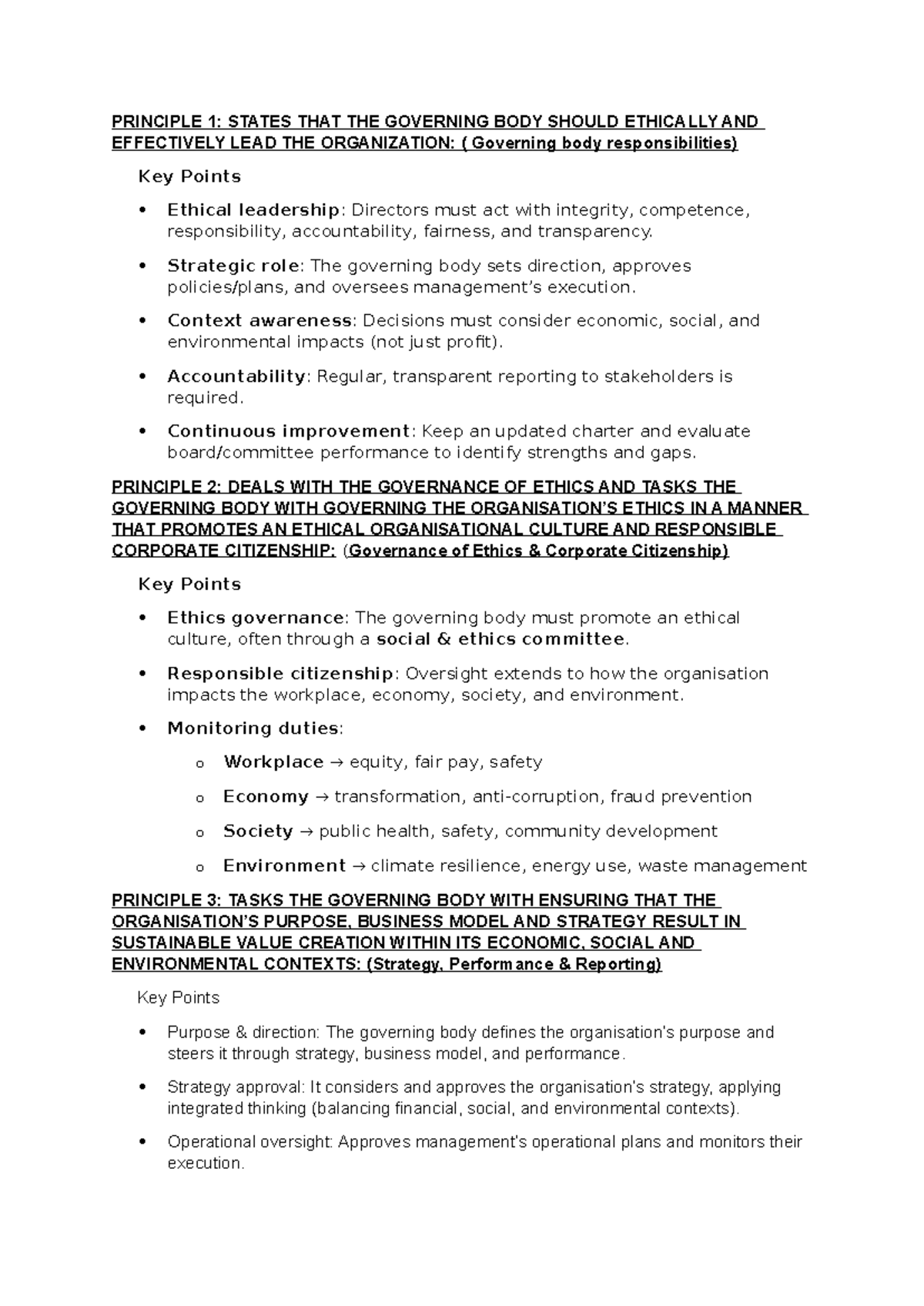 KING V CODE - Key Notes on Governance Principles and Ethics - Studocu