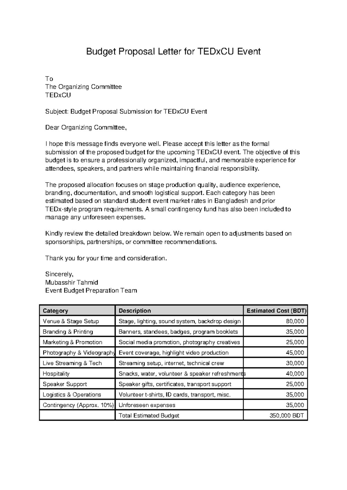 TEDxCU Event Budget Proposal Submission to Organizing Committee - Studocu