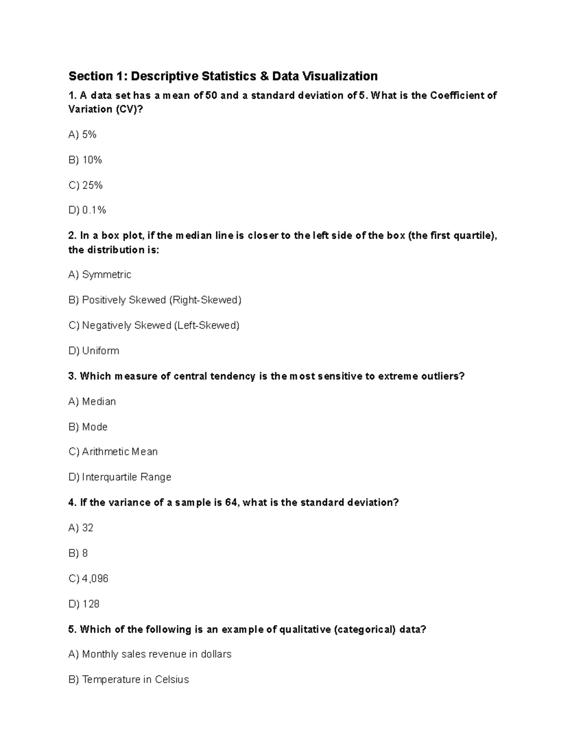 QMS 210 Midterm Practice Questions: Descriptive Stats & Probability ...