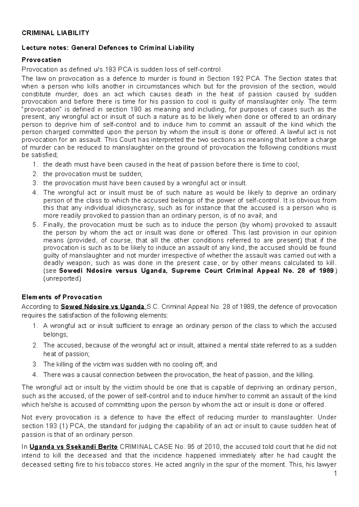 CRIM 101: Lecture Notes on General Defences to Criminal Liability - Studocu