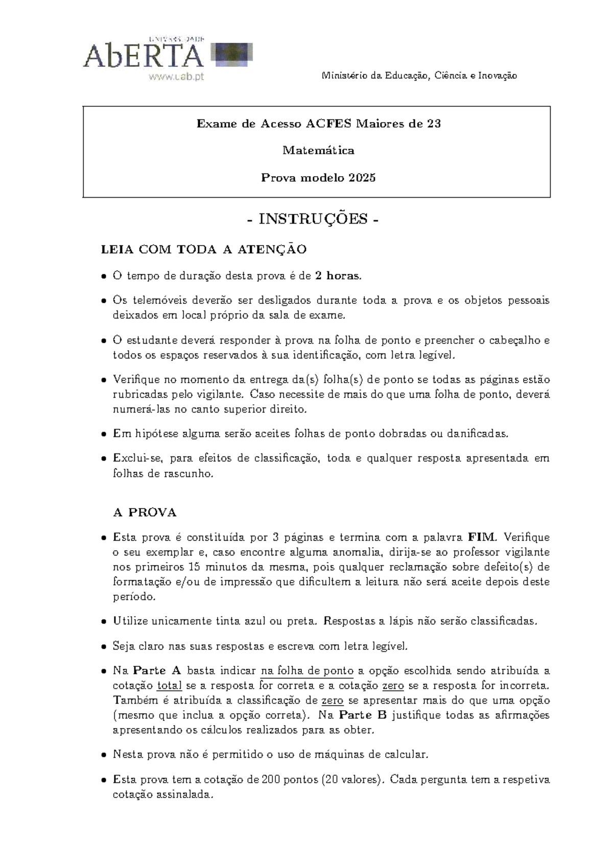 M23 Exame de Acesso ACFES Maiores de 23 - Prova Modelo 2025 - Studocu
