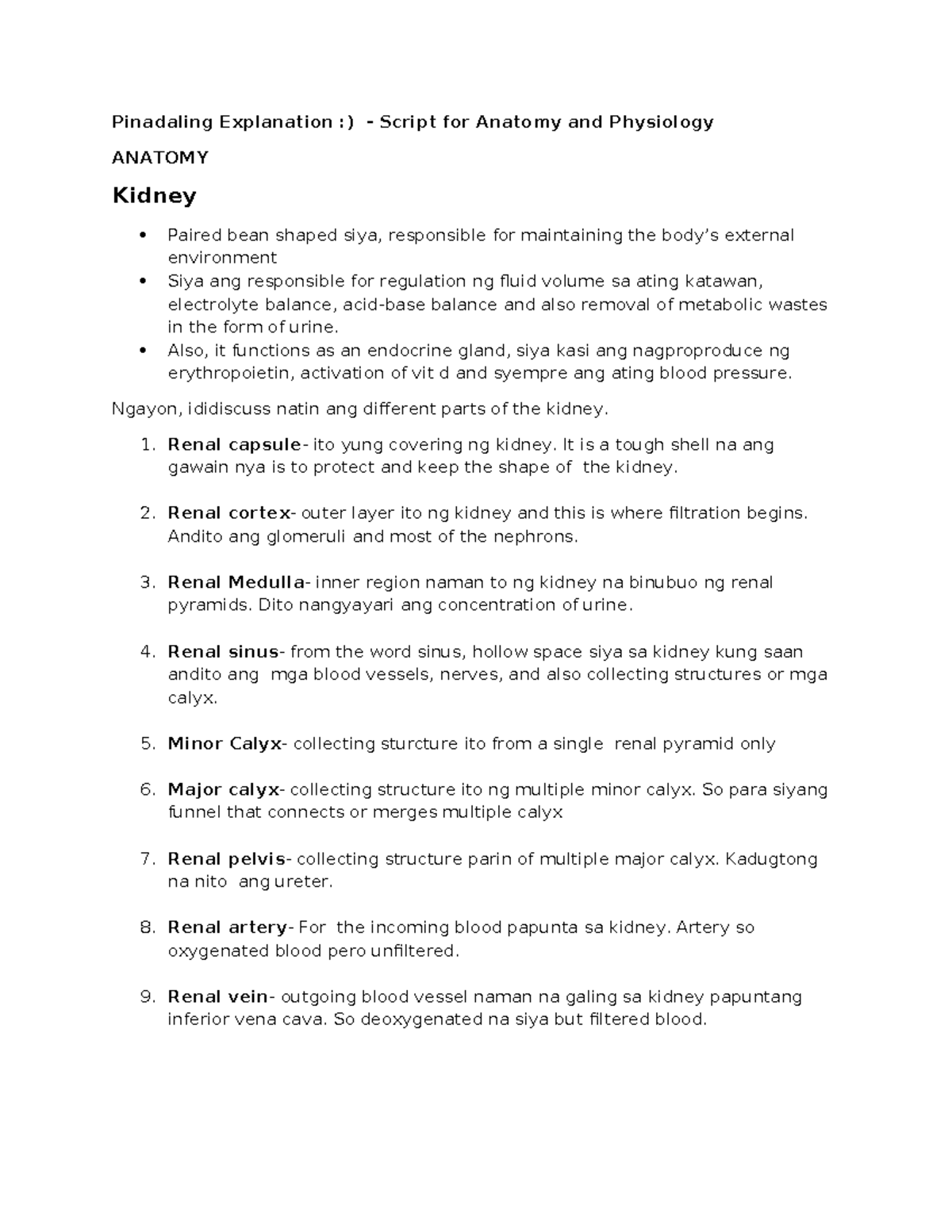 Script for Anatomy and Physiology ANATOMY: Kidney Function and ...