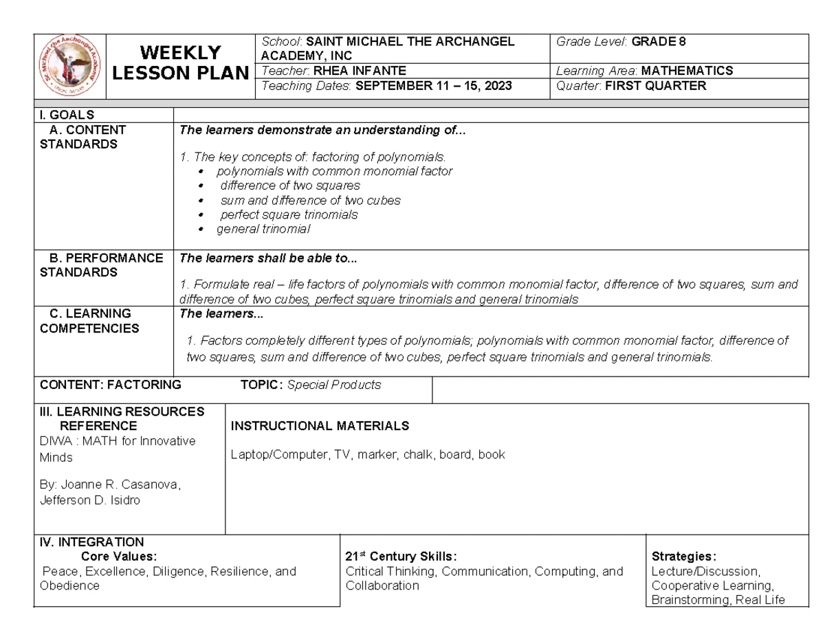 Weekly Lesson Plan - MATH 8 - Factoring Polynomials (Sept 11-15) - Studocu