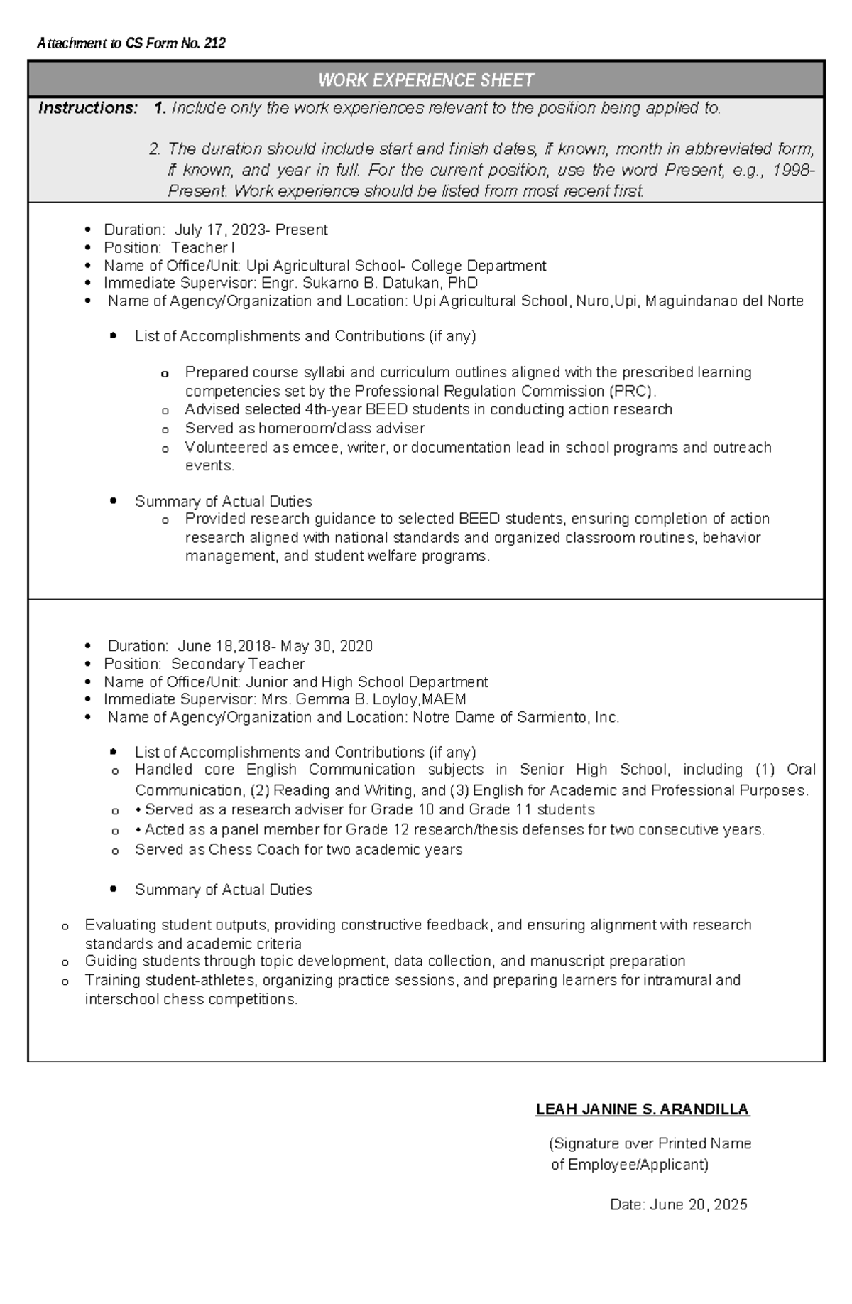 CS Form No. 212: Work Experience Sheet for Teacher Positions - Studocu