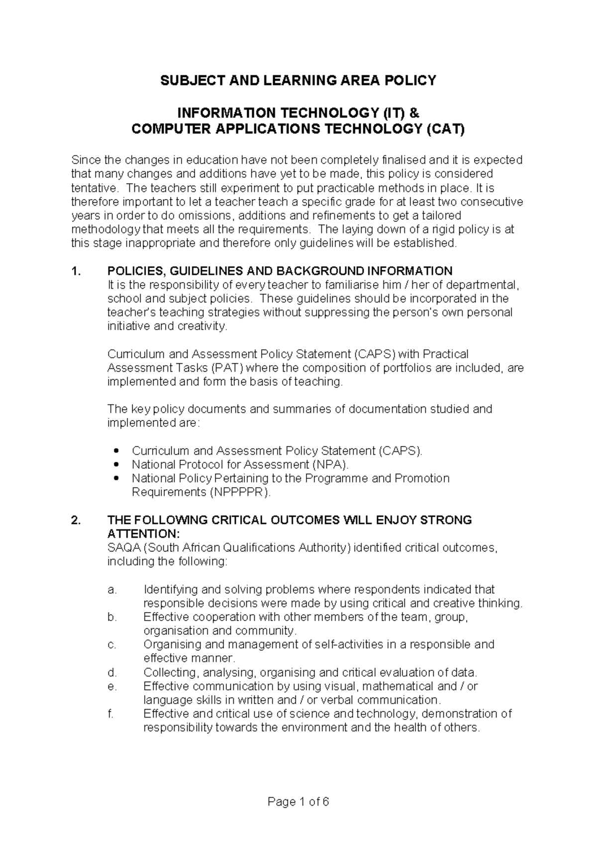 Policy Guidelines for IT & CAT Education Procedures - Studocu