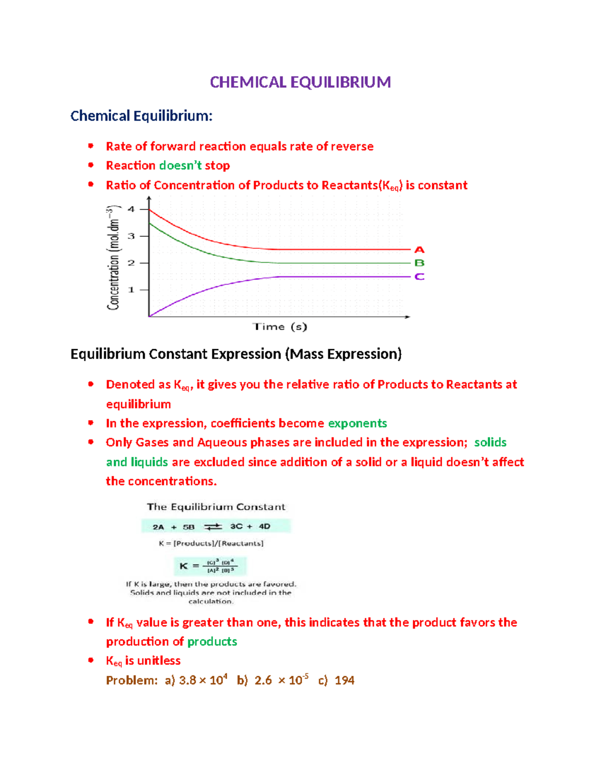 CHEM 101: Chemical Equilibrium Notes and Key Concepts - Studocu