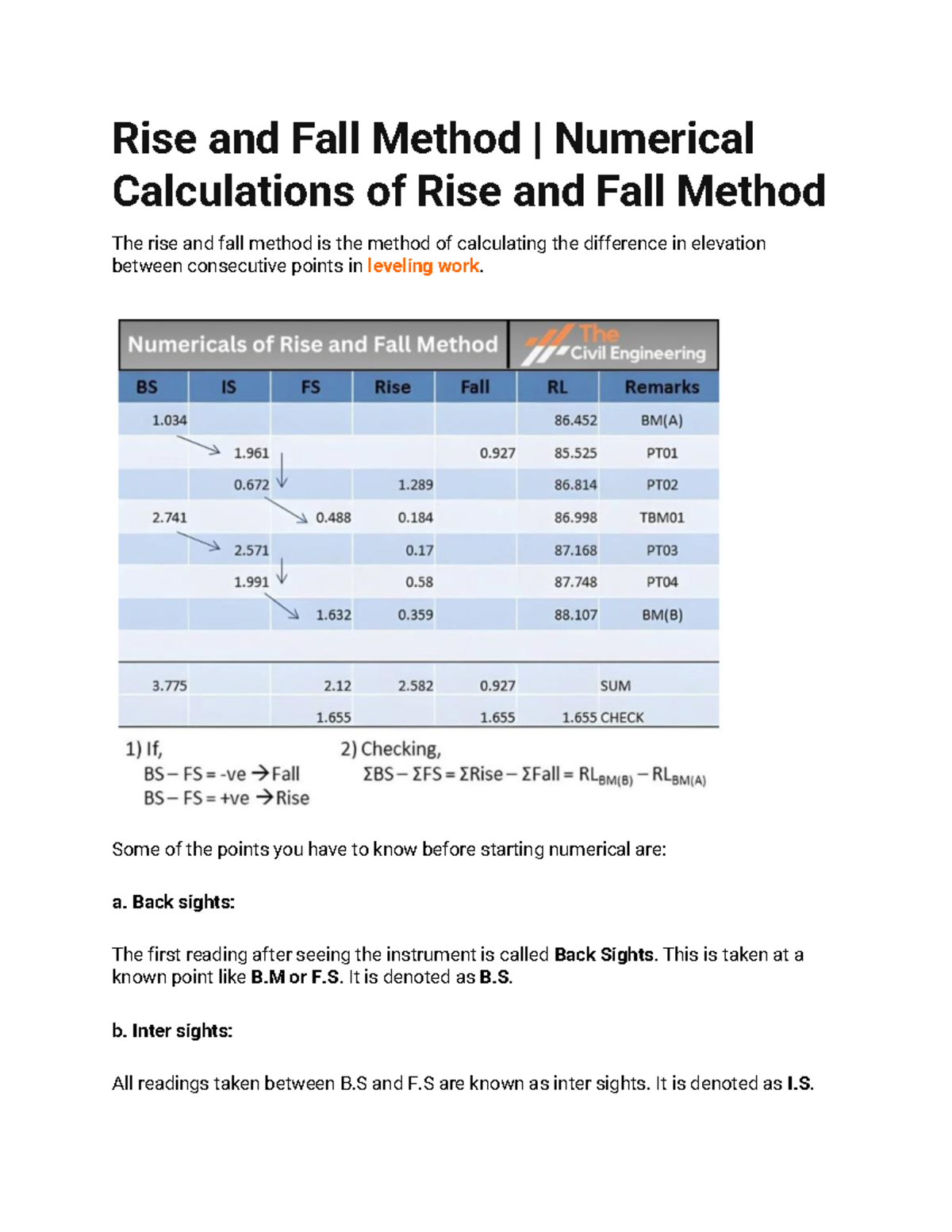 Rise and Fall Method - Reduction Levelling - Rise and Fall Method ...