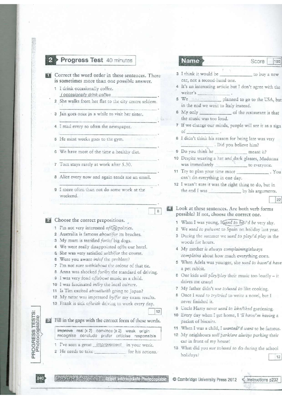 F2F Progress Test 2 - Sentence Structure & Verb Forms - Studocu