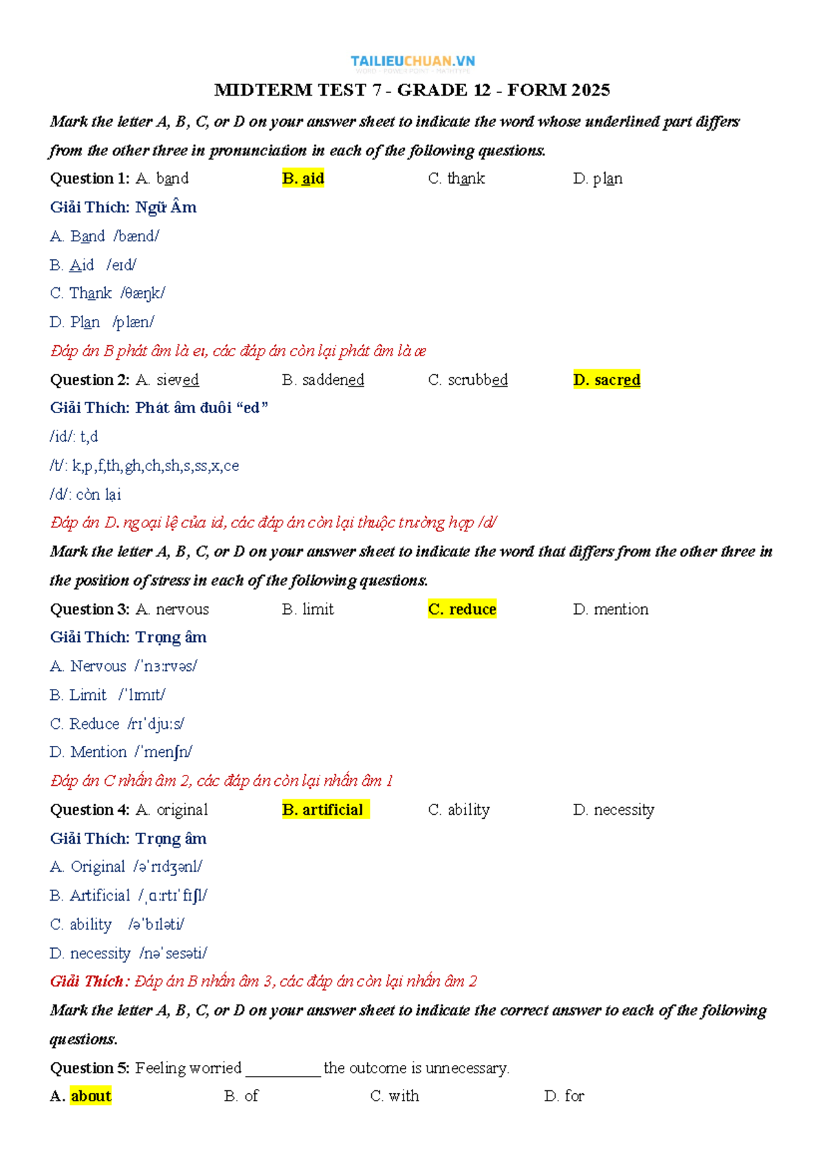Midterm TEST 7 - GRADE 12 - Form 2025: Detailed Solutions - Studocu