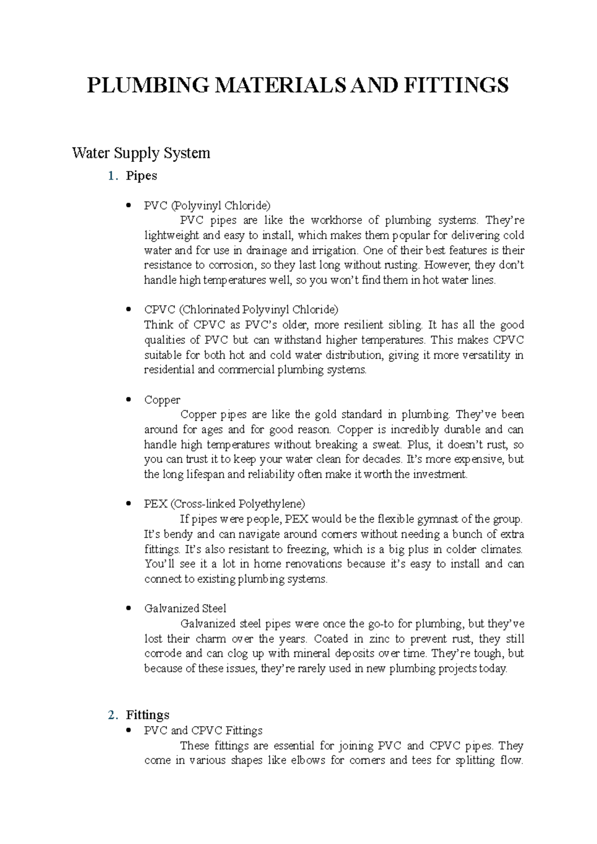 PLUMB 101: Essential Plumbing Materials and Fittings Overview - Studocu