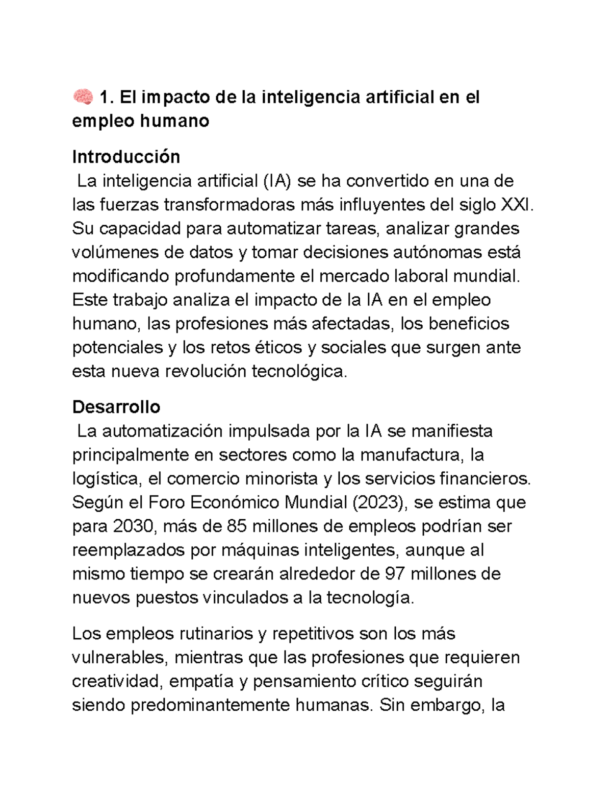 1. El impacto de la IA en el empleo humano: Análisis y retos - Studocu