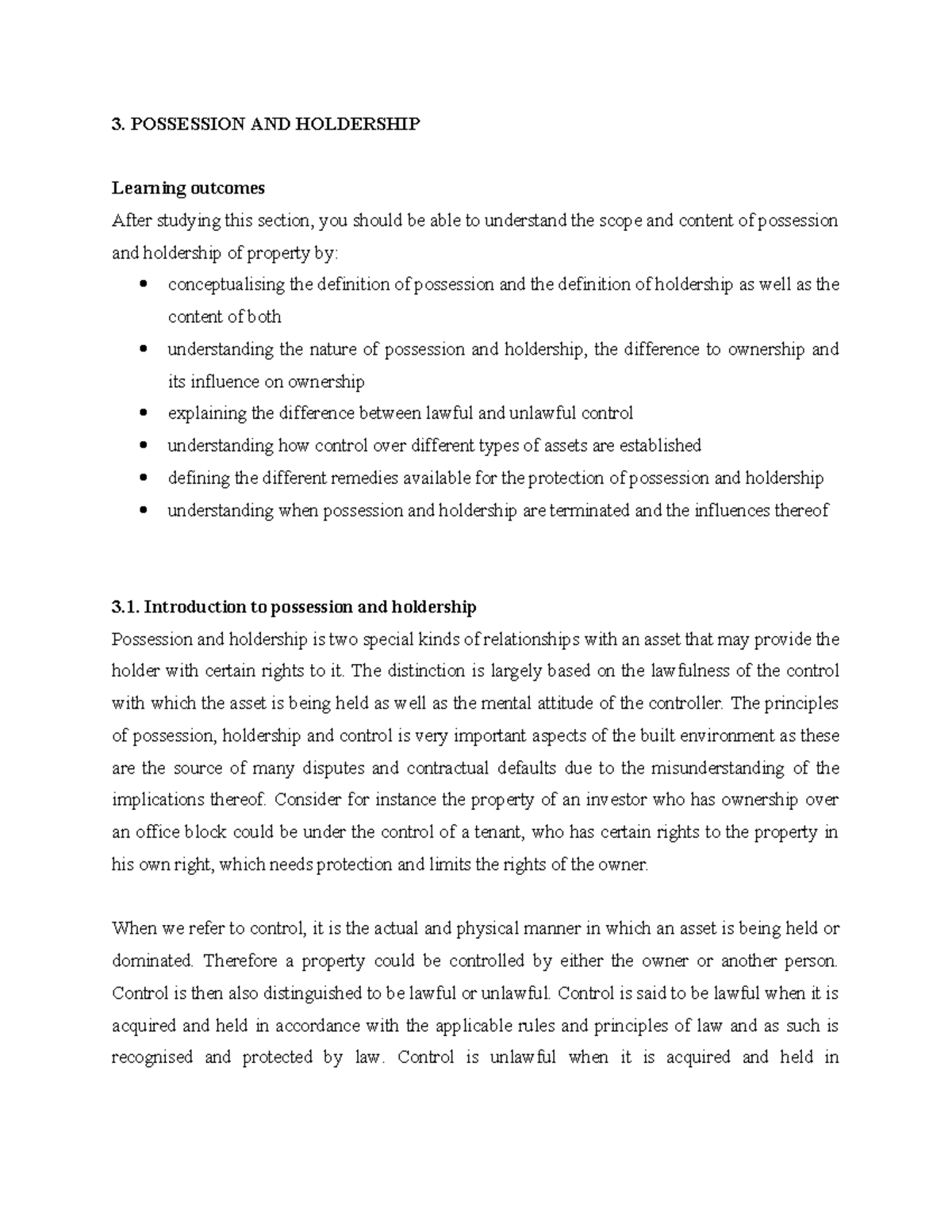 Possession and Holdership Overview - Week 3 (Property Law) - Studocu