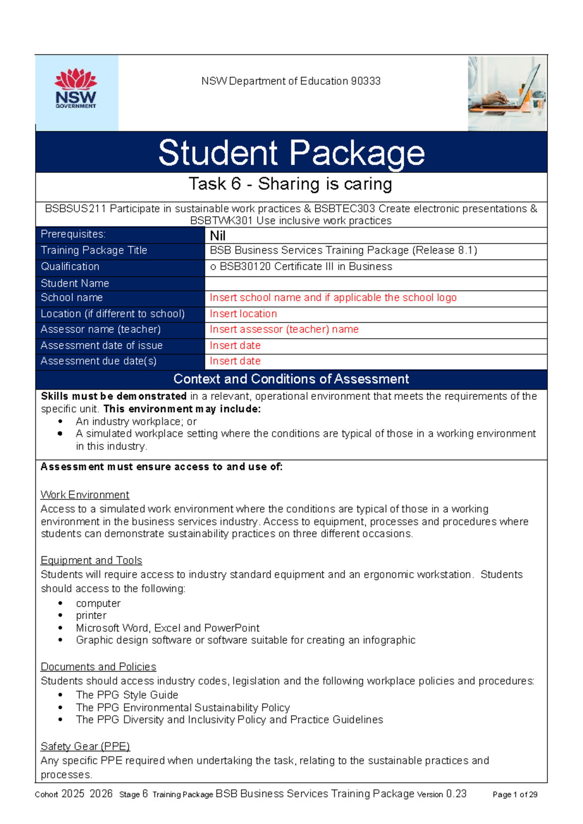 Task 6 Student Package: Sustainable Practices & Presentations (BSB30120 ...