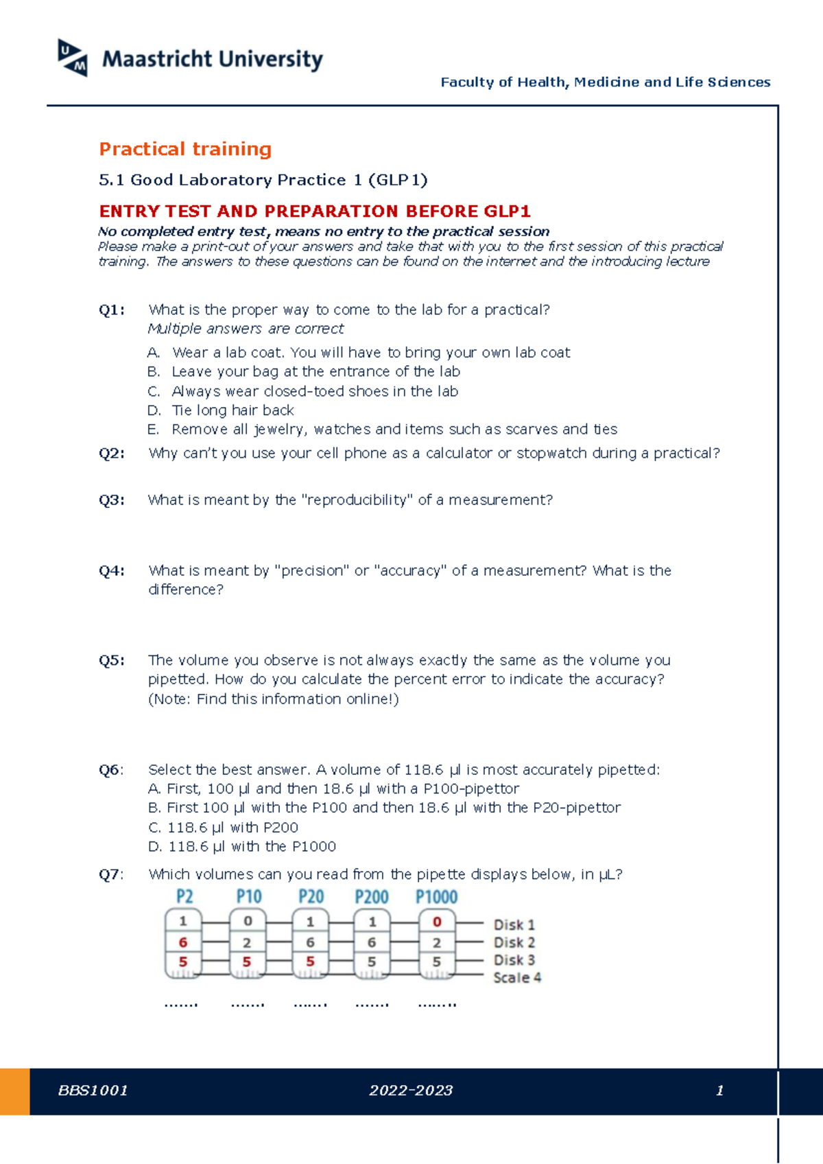 BBS1001 Practical Training 5.1: Good Laboratory Practice Entry Test ...