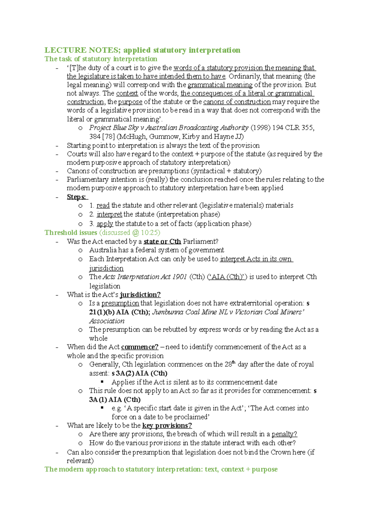 Applied Statutory Interpretation Lecture Notes - Key Concepts & Cases ...